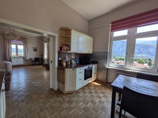Küche mit Blick ins Wohnzimmer