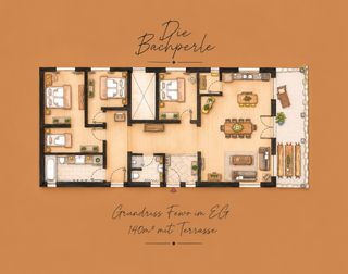 Ferienhaus Bachperle - Grundriss der Ferienwohnung im Erdgeschoss mit Te