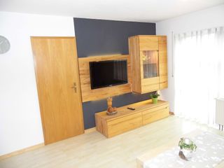 Wohnzimmer mit Ferseher und Schrank