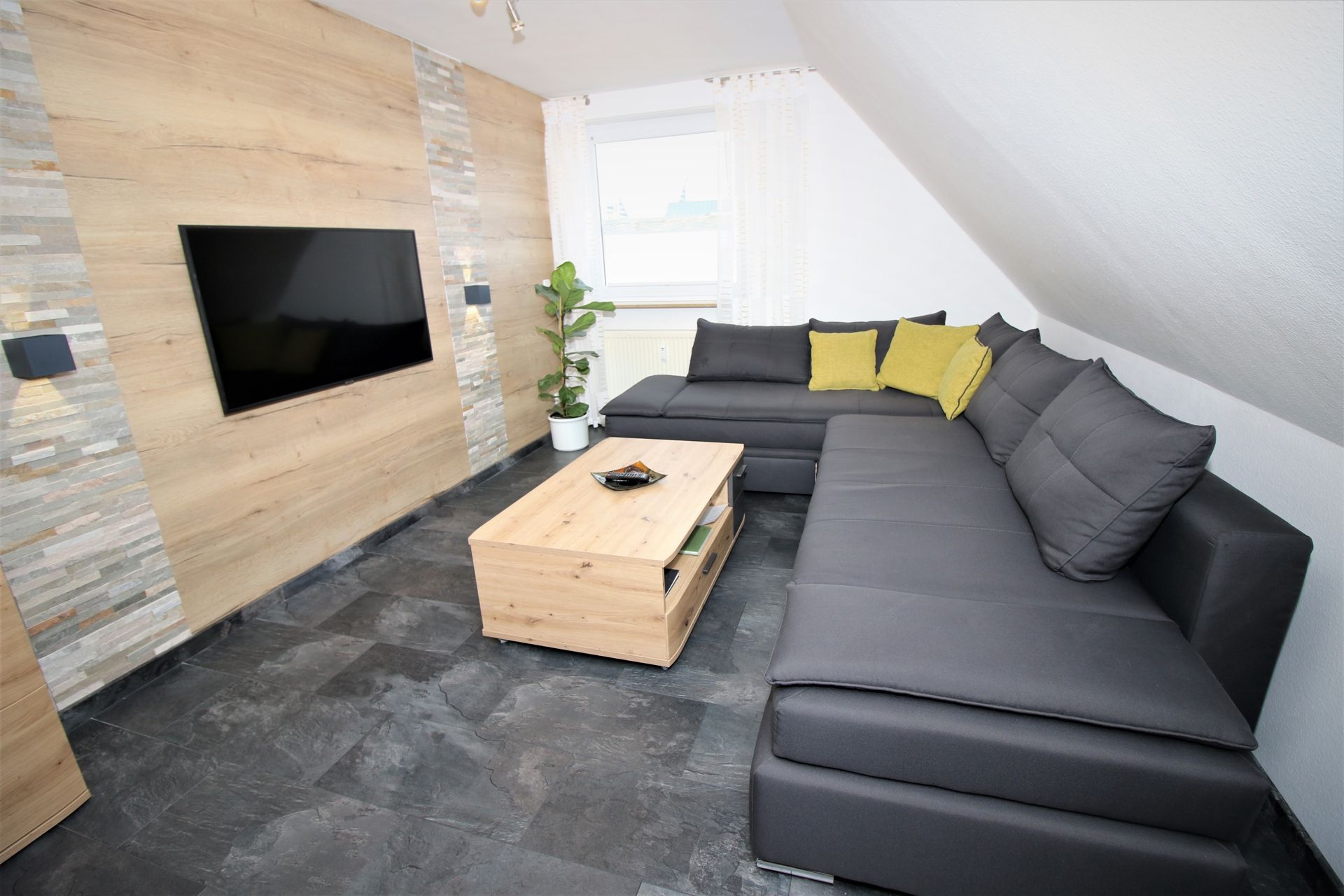Wohnzimmer mit Schlafcouch und Smart-TV